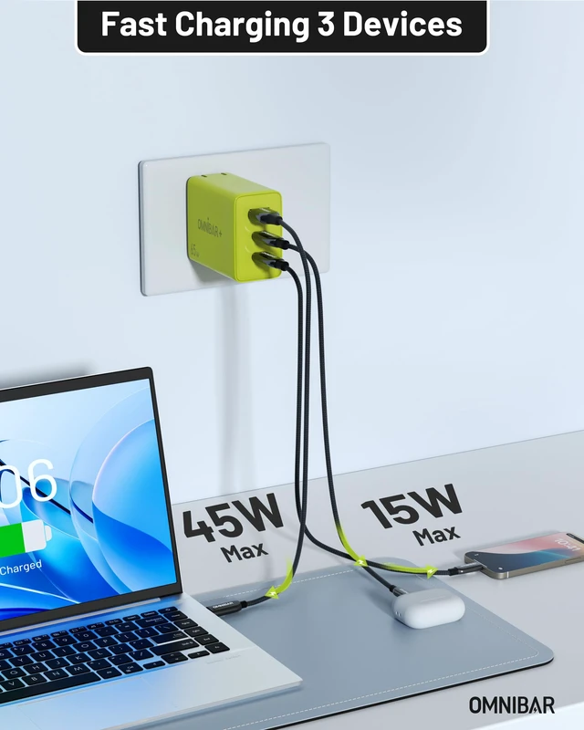 Alt view image 3 of 7 - Omnibar 65W USB C Charger Block, 3-Port GaN Fast Wall Charger, Green | 2 USB-C & 1 USB-A, Foldable Plug, Type C Charger Fast Charging, for iPhone 18/17/16, Galaxy S26/S25, iPad, MacBook & Cameras