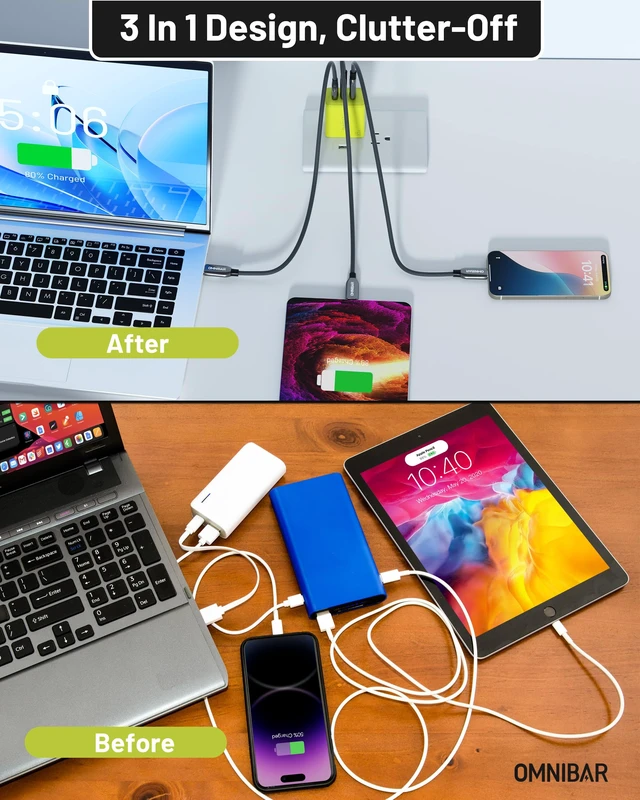 Alt view image 4 of 7 - Omnibar 65W USB C Charger Block, 3-Port GaN Fast Wall Charger, Green | 2 USB-C & 1 USB-A, Foldable Plug, Type C Charger Fast Charging, for iPhone 18/17/16, Galaxy S26/S25, iPad, MacBook & Cameras