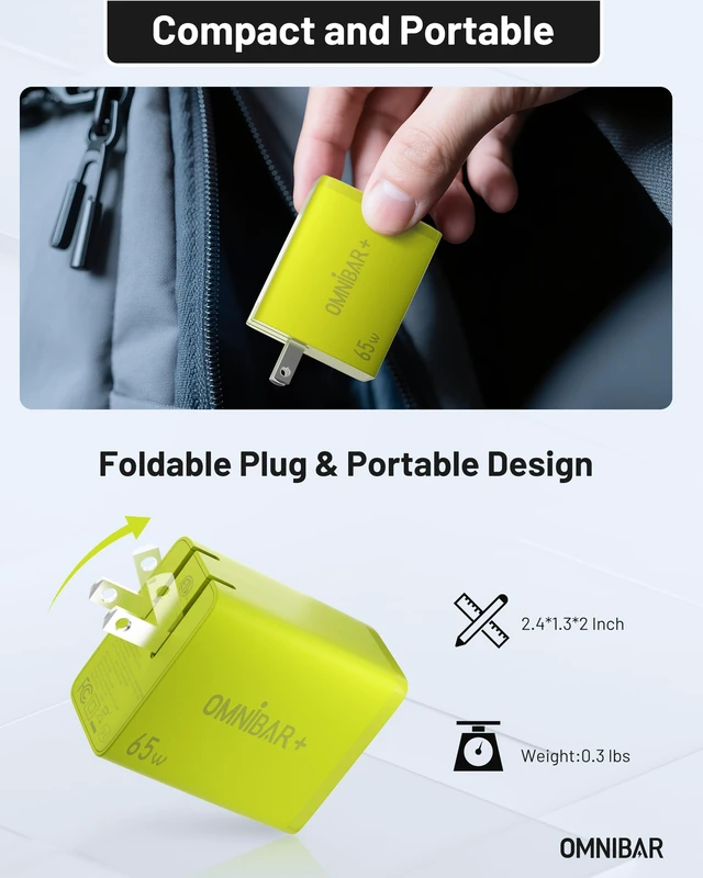 Alt view image 6 of 7 - Omnibar 65W USB C Charger Block, 3-Port GaN Fast Wall Charger, Green | 2 USB-C & 1 USB-A, Foldable Plug, Type C Charger Fast Charging, for iPhone 18/17/16, Galaxy S26/S25, iPad, MacBook & Cameras
