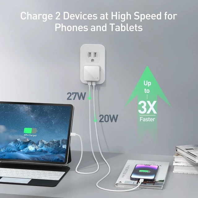 Alt view image 3 of 7 - Nekmit Flat USB C Wall Charger, 47W Dual Ports USB C Charger Block, PPS Fast Charging Wall Plug for iPhone 17/17 Pro/17 Pro Max, Galaxy, MacBook Air, iPad, AirPods and More