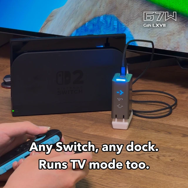 Alt view image 2 of 7 - PHYSCE 67W Two-Sided 3D RGB Dual USB C Gaming Charger for iPhone, Switch 2 | TV mode tested with 20 docks, Steam Deck, MacBook and ROG Ally charging, dedicated power circuits, color-coded power levels