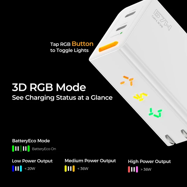 Alt view image 6 of 7 - PHYSCE 67W Two-Sided 3D RGB Dual USB C Gaming Charger for iPhone, Switch 2 | TV mode tested with 20 docks, Steam Deck, MacBook and ROG Ally charging, dedicated power circuits, color-coded power levels