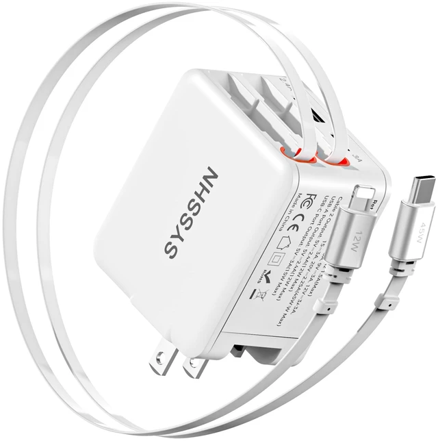 Main image of 4-in-1 Retractable Wall Charger 45W USB C iPhone Charger with Dual Cables for Multiple Devices Foldable Plug Charger Block for iPhone 17/16/15/14/iPad/Galaxy/Pixel/AirPods