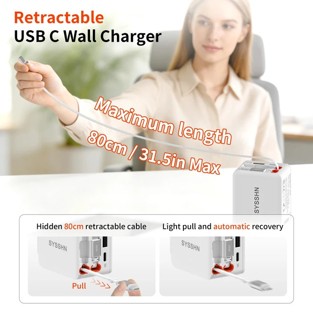 Alt view image 3 of 7 - 4-in-1 Retractable Wall Charger 45W USB C iPhone Charger with Dual Cables for Multiple Devices Foldable Plug Charger Block for iPhone 17/16/15/14/iPad/Galaxy/Pixel/AirPods