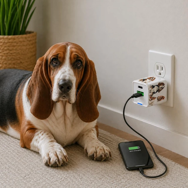 Alt view image 5 of 7 - Classy Chargers Bassad Hound Phone Charger Set, 35W Dual Port USB-A & USB-C Wall Charger for iPhone & Android, Cute Bassad Hound Gift