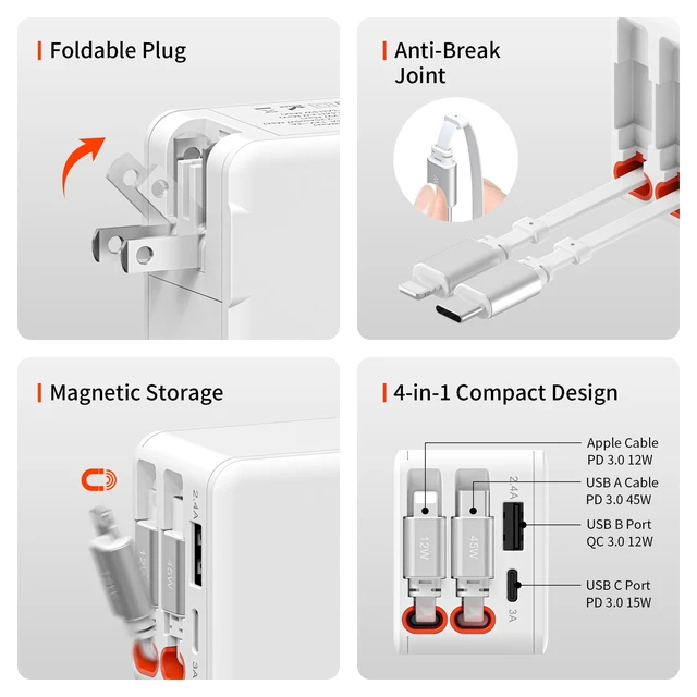 Alt view image 5 of 7 - 4-in-1 Retractable Wall Charger 45W USB C iPhone Charger with Dual Cables for Multiple Devices Foldable Plug Charger Block for iPhone 17/16/15/14/iPad/Galaxy/Pixel/AirPods