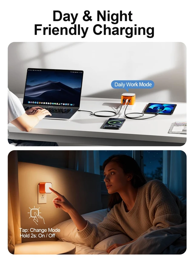 Alt view image 3 of 20 - USB C Charger Block, Type C Charger Fast, 65W GaN Touch-Control Night Light | 3 Port, Foldable Plug, PD PPS Support, Travel and Office Use, iPhone 17/16, Galaxy S26/S25, Pixel, iPad, MacBook (Orange)