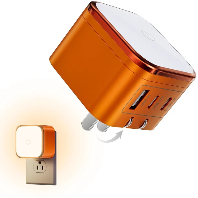 Main image of USB C Charger Block, Type C Charger Fast, 65W GaN Touch-Control Night Light | 3 Port, Foldable Plug, PD PPS Support, Travel and Office Use, iPhone 17/16, Galaxy S26/S25, Pixel, iPad, MacBook (Orange)