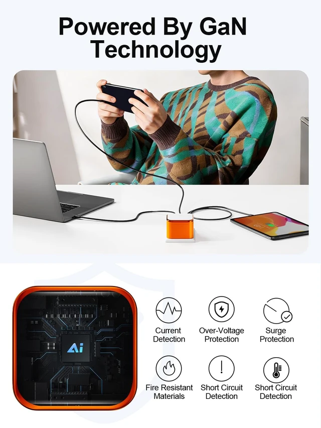 Alt view image 4 of 20 - USB C Charger Block, Type C Charger Fast, 65W GaN Touch-Control Night Light | 3 Port, Foldable Plug, PD PPS Support, Travel and Office Use, iPhone 17/16, Galaxy S26/S25, Pixel, iPad, MacBook (Orange)