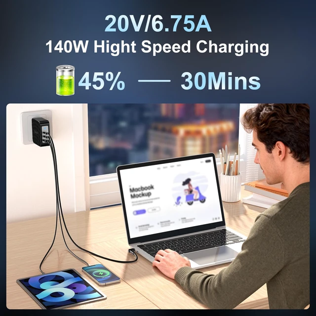 Alt view image 4 of 6 - King Ma 20V/6.75A (MAX 140W) GaN Laptop Charger, PD 3.1 Fast Wall Charger with Foldable Plug & USB-C Cable, 3-Port Portable Charger Compatible with Lenovo Y410P/ Y510P/ Y500 /Y570/Y430P