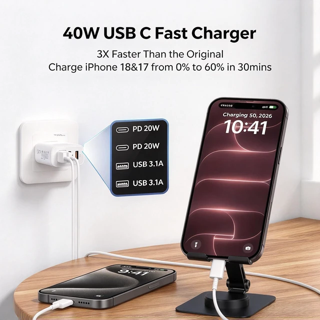 Alt view image 5 of 7 - USB C Fast Charger Block, 40W Multiport Type C Wall Charging Power Adapter Plug with 3ft/6ft/10ft/10ft Cable Cord Long for Apple iPhone Duo/18 Pro Max/17/16/15/Samsung Galaxy S26 Ultra/S25/S24/S23/S22