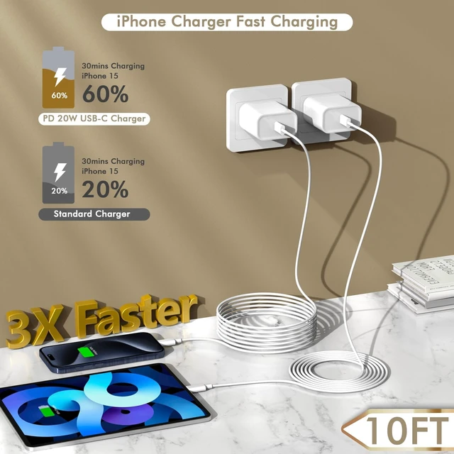 Alt view image 2 of 7 - iPhone 17 16 Charger Fast Charging, 2Pack 10FT Extra Long USBC to C Cable with 20W Apple iPad USB C Fast Charger USB C Wall Charger Block for iPhone Duo/18 Pro Max/18 Pro/17/Air/16 Pro Max/16/15,iPad
