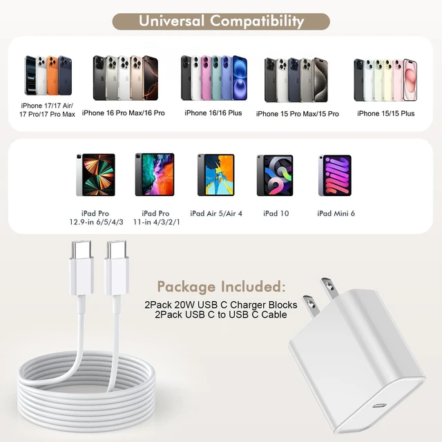 Alt view image 6 of 7 - iPhone 17 16 Charger Fast Charging, 2Pack 10FT Extra Long USBC to C Cable with 20W Apple iPad USB C Fast Charger USB C Wall Charger Block for iPhone Duo/18 Pro Max/18 Pro/17/Air/16 Pro Max/16/15,iPad