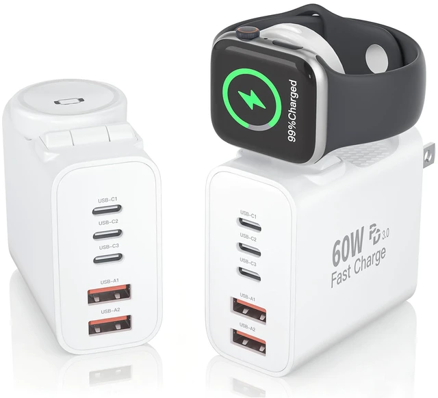 Main image of Charging Blocks for Apple Watch/iPhone,60W Fast Multiple Port Charger Block 5-Ports USB A+USB C Fast Charger Block Brick Box Build in Watch Charger for Apple Watch Series 11/10/SE,iPhone 18 Pro Max/17