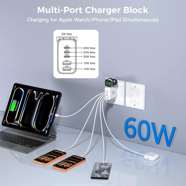 Alt view image 2 of 7 - Charging Blocks for Apple Watch/iPhone,60W Fast Multiple Port Charger Block 5-Ports USB A+USB C Fast Charger Block Brick Box Build in Watch Charger for Apple Watch Series 11/10/SE,iPhone 18 Pro Max/17