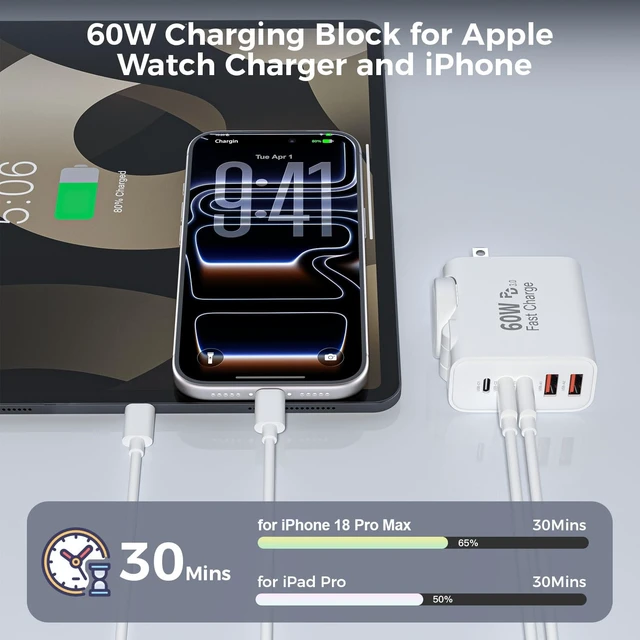 Alt view image 3 of 7 - Charging Blocks for Apple Watch/iPhone,60W Fast Multiple Port Charger Block 5-Ports USB A+USB C Fast Charger Block Brick Box Build in Watch Charger for Apple Watch Series 11/10/SE,iPhone 18 Pro Max/17