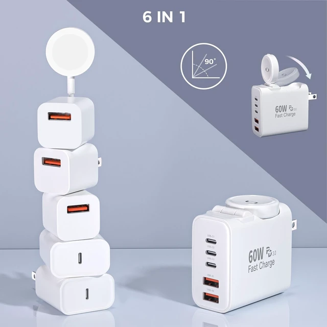 Alt view image 6 of 7 - Charging Blocks for Apple Watch/iPhone,60W Fast Multiple Port Charger Block 5-Ports USB A+USB C Fast Charger Block Brick Box Build in Watch Charger for Apple Watch Series 11/10/SE,iPhone 18 Pro Max/17