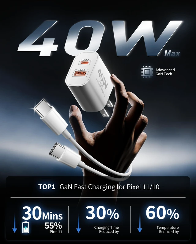 Alt view image 2 of 7 - for Google Pixel Charger, 2Pack 40W USB C Charger Block Super Fast Charging for Pixel 10/9/Pro XL/Fold/8/7/6/5/4, Portable, USB-C GaN Power Adapter, ETL List, Travel Accessories, with 6FT Type C Cable