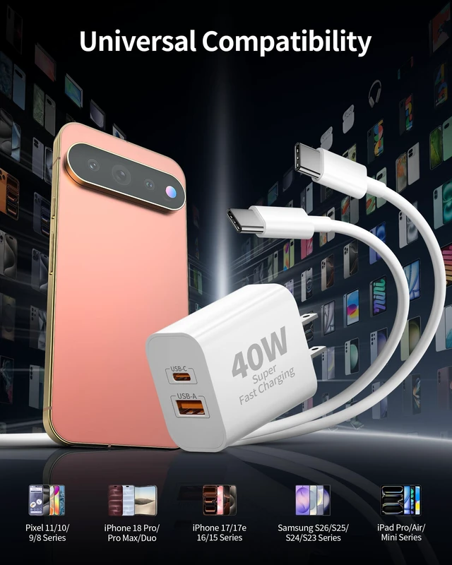 Alt view image 6 of 7 - for Google Pixel Charger, 2Pack 40W USB C Charger Block Super Fast Charging for Pixel 10/9/Pro XL/Fold/8/7/6/5/4, Portable, USB-C GaN Power Adapter, ETL List, Travel Accessories, with 6FT Type C Cable
