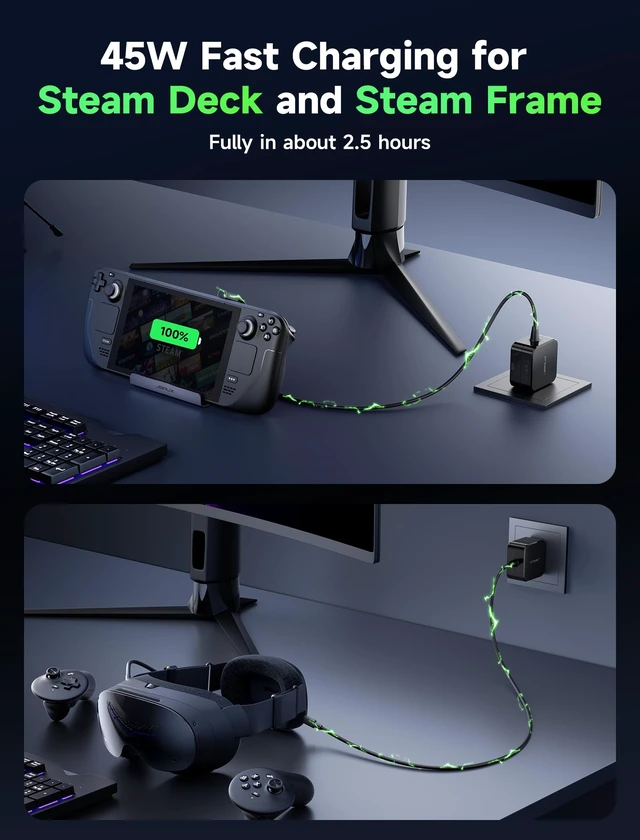 Alt view image 3 of 7 - JSAUX 45W USB C Charger for Steam Deck/OLED with 10FT Cable | Type C PD 3.0 45 Watt Fast Charging for Steam Frame, Switch, iPhone 18/17/16/15, Samsung Galaxy, Pixel, iPad, MacBook