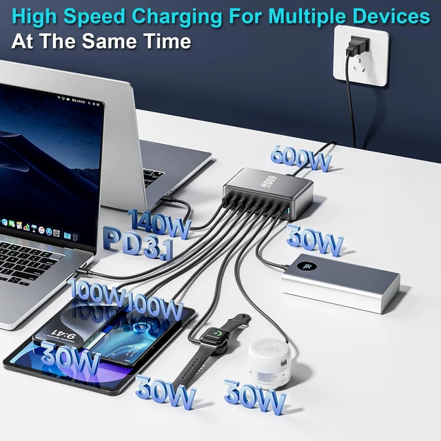 Alt view image 3 of 7 - 600W USB C Charger Block, Multi-port Fast USB Charging Station Dual PD 140W GaN Charging Station For Multiple Devices, Laptop Charger Adapter Compatible with MacBook, DELL, iPad, iPhone, Samsung etc