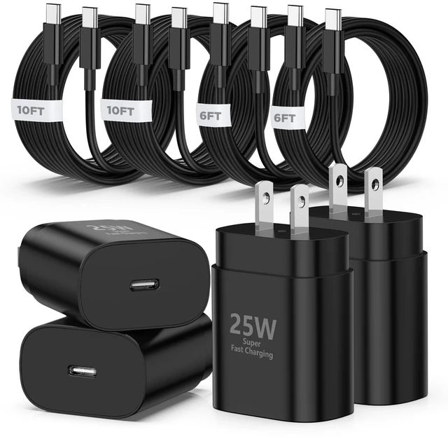 Main image of QZVOO 25W Type C Charger Fast charging for Samsung Galaxy S26/S25/S24 | 4Pack USB C Charger Fast Charging Block with 6/6/10/10FT USB C to C Cables for Galaxy S23/S22/Plus/Ultra, Android/iPhone
