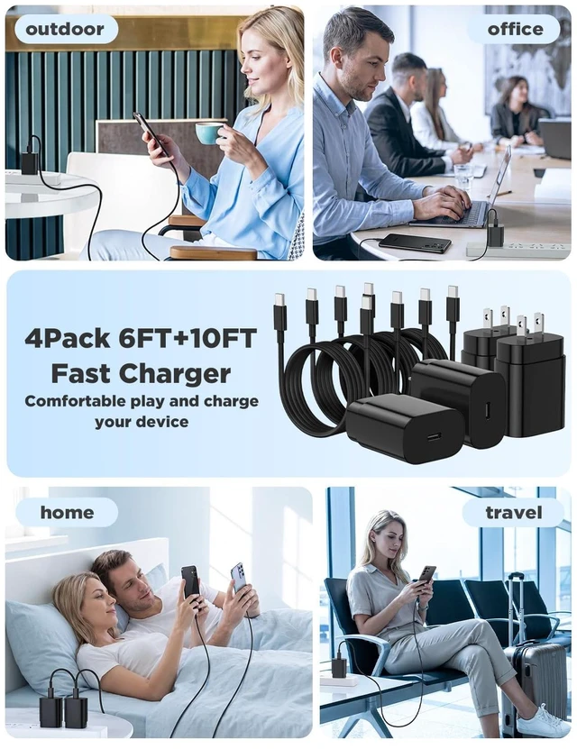 Alt view image 6 of 7 - QZVOO 25W Type C Charger Fast charging for Samsung Galaxy S26/S25/S24 | 4Pack USB C Charger Fast Charging Block with 6/6/10/10FT USB C to C Cables for Galaxy S23/S22/Plus/Ultra, Android/iPhone