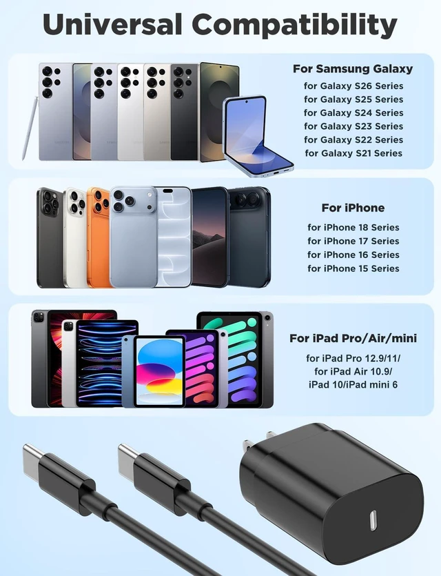 Alt view image 7 of 7 - QZVOO 25W Type C Charger Fast charging for Samsung Galaxy S26/S25/S24 | 4Pack USB C Charger Fast Charging Block with 6/6/10/10FT USB C to C Cables for Galaxy S23/S22/Plus/Ultra, Android/iPhone