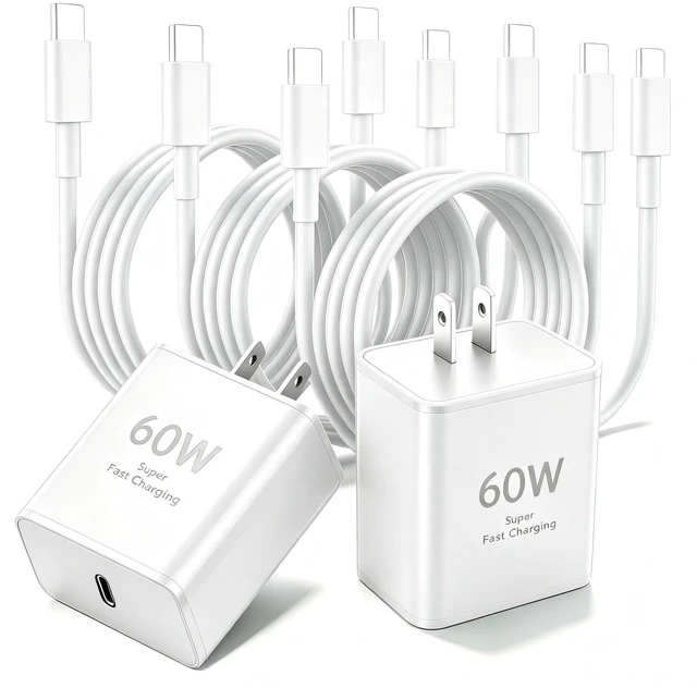 Main image of 60w Super Fast Charger USB C, iPhone 17 Type C Charger, USBC Cable,2Pack | 6FT/10FT/10FT USB C Long &Type- C Charger Block for iPhone 17 /16 /15/Pro/Pro Max/iPad Pro,for Galaxy S26/S25/S24,White