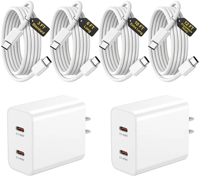 Main image of iPhone Duo 18 17 16 15 Charger Fast Charging Type C Chargers Block | 2 Pack 45W Wall Charger with 4 Pack 3/6/10/12FT Long USB C Cable for Samsung Galaxy S26 S25 S24 USB C Charger