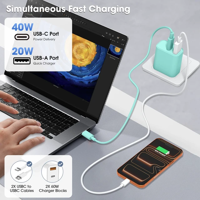 Alt view image 4 of 7 - iPhone 17/16/15 Pro/Pro Max Charger, Dual Port USB-C Wall Charger with PD 40W & QC 20W Fast Charging, 10FT USB-C Cable for iPhone, iPad Pro, MacBook M1/M2/M3, Android (Green, 6 FT)