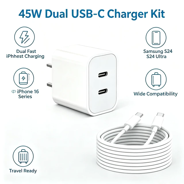 Alt view image 5 of 7 - iPhone Duo 18 17 16 15 Charger Fast Charging Type C Chargers Block | 2 Pack 45W Wall Charger with 4 Pack 3/6/10/12FT Long USB C Cable for Samsung Galaxy S26 S25 S24 USB C Charger