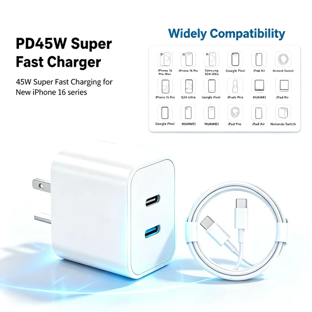 Alt view image 7 of 7 - iPhone Duo 18 17 16 15 Charger Fast Charging Type C Chargers Block | 2 Pack 45W Wall Charger with 4 Pack 3/6/10/12FT Long USB C Cable for Samsung Galaxy S26 S25 S24 USB C Charger