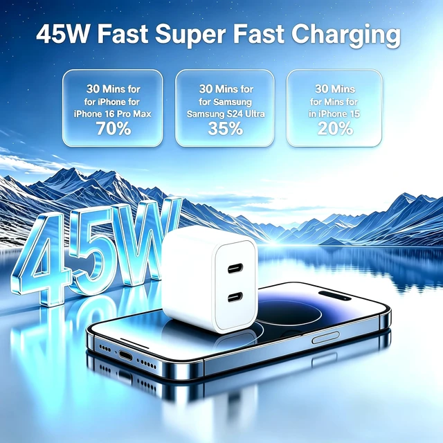 Alt view image 6 of 7 - iPhone Duo 18 17 16 15 Charger Fast Charging Type C Chargers Block | 2 Pack 45W Wall Charger with 4 Pack 3/6/10/12FT Long USB C Cable for Samsung Galaxy S26 S25 S24 USB C Charger