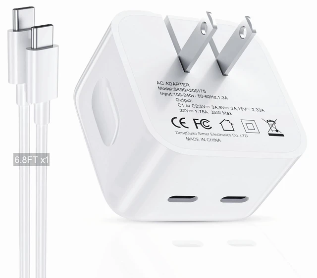 Main image of VAGITTO 35W Dual USB C Port Compact Power Adapter, Compatible with iPhone 16/15/14, MacBook Air, iPad, Air Pods, Foldable Type C Wall Charger Plug, Includes 6.8Ft C to C Cable