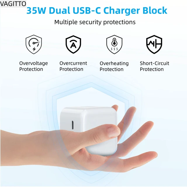Alt view image 3 of 6 - VAGITTO 35W Dual USB C Port Compact Power Adapter, Compatible with iPhone 16/15/14, MacBook Air, iPad, Air Pods, Foldable Type C Wall Charger Plug, Includes 6.8Ft C to C Cable