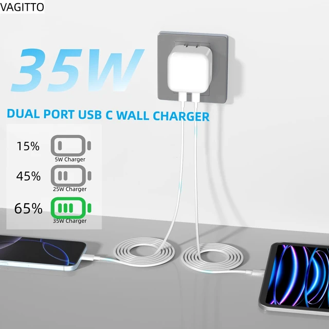 Alt view image 6 of 6 - VAGITTO 35W Dual USB C Port Compact Power Adapter, Compatible with iPhone 16/15/14, MacBook Air, iPad, Air Pods, Foldable Type C Wall Charger Plug, Includes 6.8Ft C to C Cable
