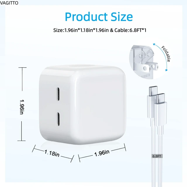 Alt view image 2 of 6 - VAGITTO 35W Dual USB C Port Compact Power Adapter, Compatible with iPhone 16/15/14, MacBook Air, iPad, Air Pods, Foldable Type C Wall Charger Plug, Includes 6.8Ft C to C Cable