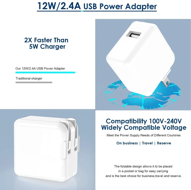 Alt view image 4 of 7 - 6FT iPad Fast Charger,2Pack iPhone Charger Pad Cord Fast Charging 12W USB A Wall Charge Foldable Portable Travel Plug with USB to Lightning Fast Charging Cable for iPad Mini 1/2/3/4/5,Air 1/2/3,iPhone