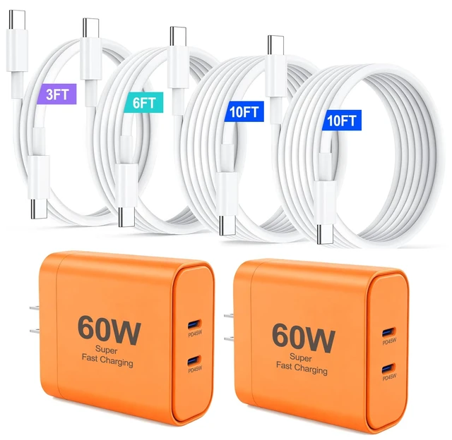 Main image of iPhone 17 Charger, 45W Dual Port USB C Charger Block, Orange | Fast Charging, 3/6/10/10FT Type C Cable, PD Quick Adapter 3.0, iPhone 17/17 Pro/17 Pro Max/Air/16/15 Pro Max/Plus