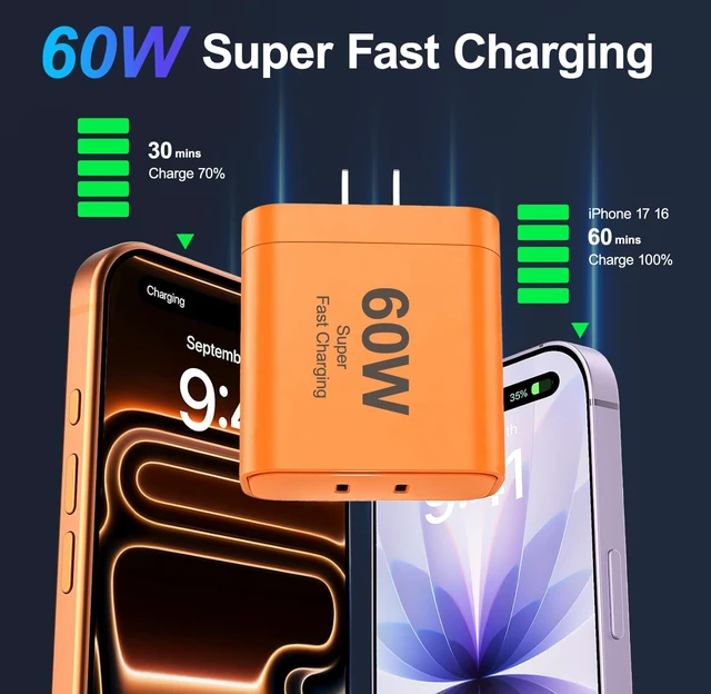 Alt view image 2 of 7 - iPhone 17 Charger, 45W Dual Port USB C Charger Block, Orange | Fast Charging, 3/6/10/10FT Type C Cable, PD Quick Adapter 3.0, iPhone 17/17 Pro/17 Pro Max/Air/16/15 Pro Max/Plus