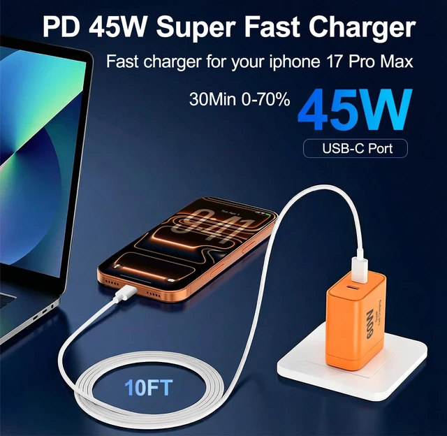 Alt view image 3 of 7 - iPhone 17 Charger, 45W Dual Port USB C Charger Block, Orange | Fast Charging, 3/6/10/10FT Type C Cable, PD Quick Adapter 3.0, iPhone 17/17 Pro/17 Pro Max/Air/16/15 Pro Max/Plus