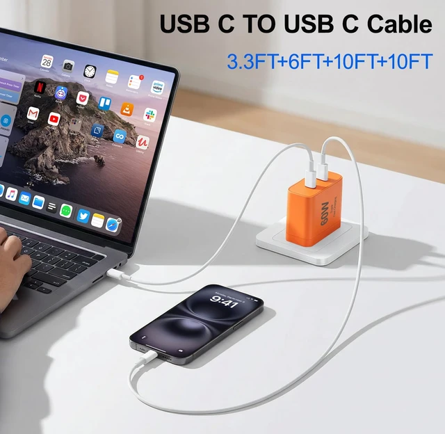 Alt view image 4 of 7 - iPhone 17 Charger, 45W Dual Port USB C Charger Block, Orange | Fast Charging, 3/6/10/10FT Type C Cable, PD Quick Adapter 3.0, iPhone 17/17 Pro/17 Pro Max/Air/16/15 Pro Max/Plus
