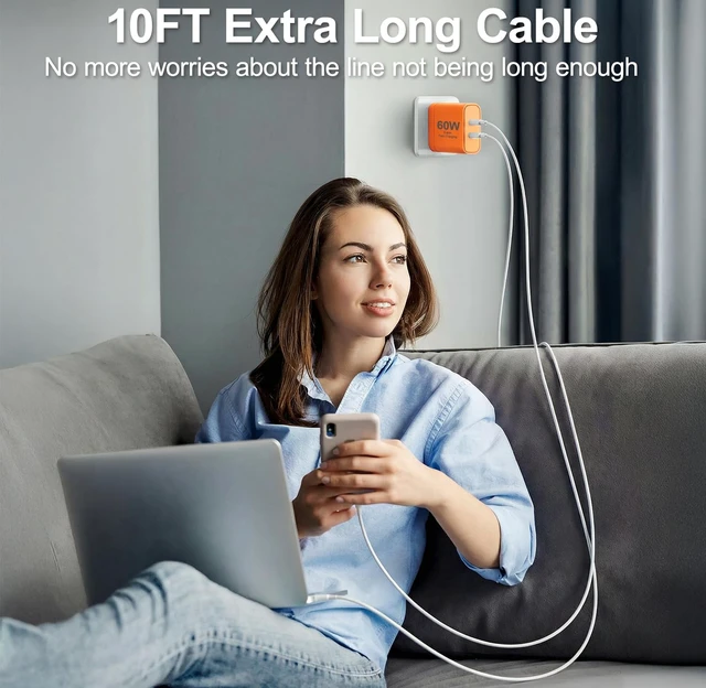Alt view image 5 of 7 - iPhone 17 Charger, 45W Dual Port USB C Charger Block, Orange | Fast Charging, 3/6/10/10FT Type C Cable, PD Quick Adapter 3.0, iPhone 17/17 Pro/17 Pro Max/Air/16/15 Pro Max/Plus