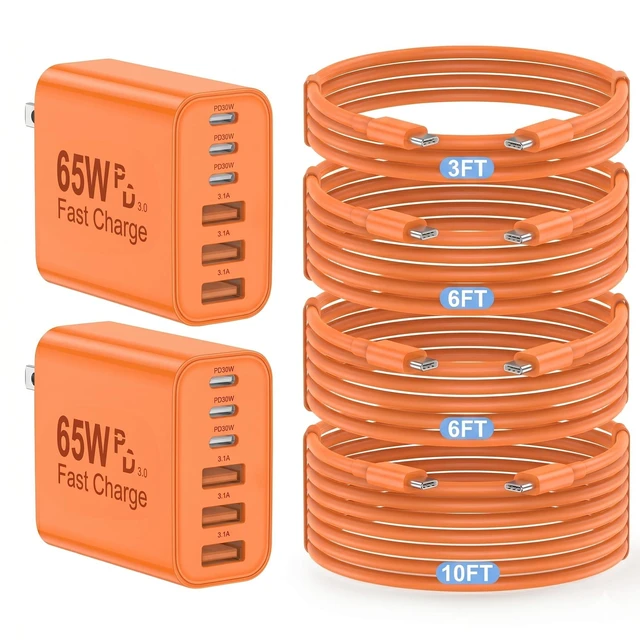 Main image of 65W USB C Charger Block, 2Pack Multiport Type C Charging Fast Charging Block. PD+QC Fast Charging Plug for iPhone 17/16/15/14 Pro Max, iPad, Galaxywith 3/6/6/10 ft USB c Cable (Orange)