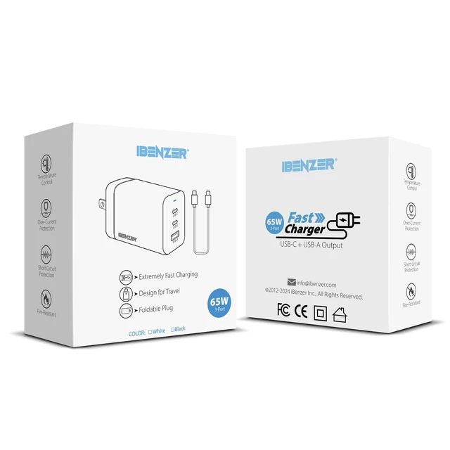 Alt view image 2 of 7 - iBenzer 65W GaN USB C Foldable Charger PD 3.0, 3-Port Fast Charger with 3FT USB-C Fast Charging Cord for iPhone 17/16/15, MacBook Pro/Air, iPad, Switch, Galaxy S25/S24, iPad,Dell XPS 13 (White)