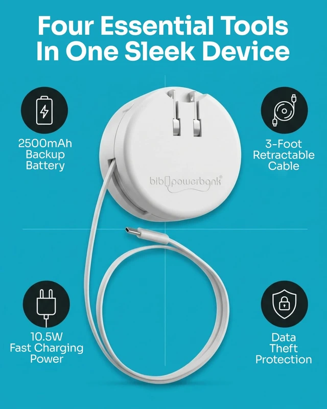 Alt view image 2 of 7 - BIBICORD 4-in-1 USB-C Wall Charger, Retractable Cable, 2500mAh Power Bank | Convenient Travel Charger With 3ft Retractable USB-C Cable, Backup Battery, Foldable Plug, Surge Protection & 100-240V Input