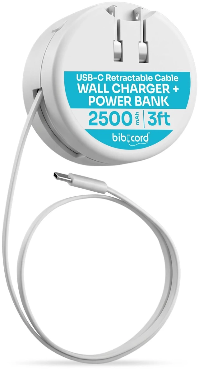 Main image of BIBICORD 4-in-1 USB-C Wall Charger, Retractable Cable, 2500mAh Power Bank | Convenient Travel Charger With 3ft Retractable USB-C Cable, Backup Battery, Foldable Plug, Surge Protection & 100-240V Input