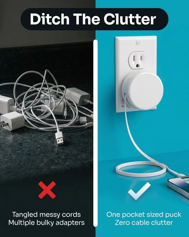 Alt view image 3 of 7 - BIBICORD 4-in-1 USB-C Wall Charger, Retractable Cable, 2500mAh Power Bank | Convenient Travel Charger With 3ft Retractable USB-C Cable, Backup Battery, Foldable Plug, Surge Protection & 100-240V Input