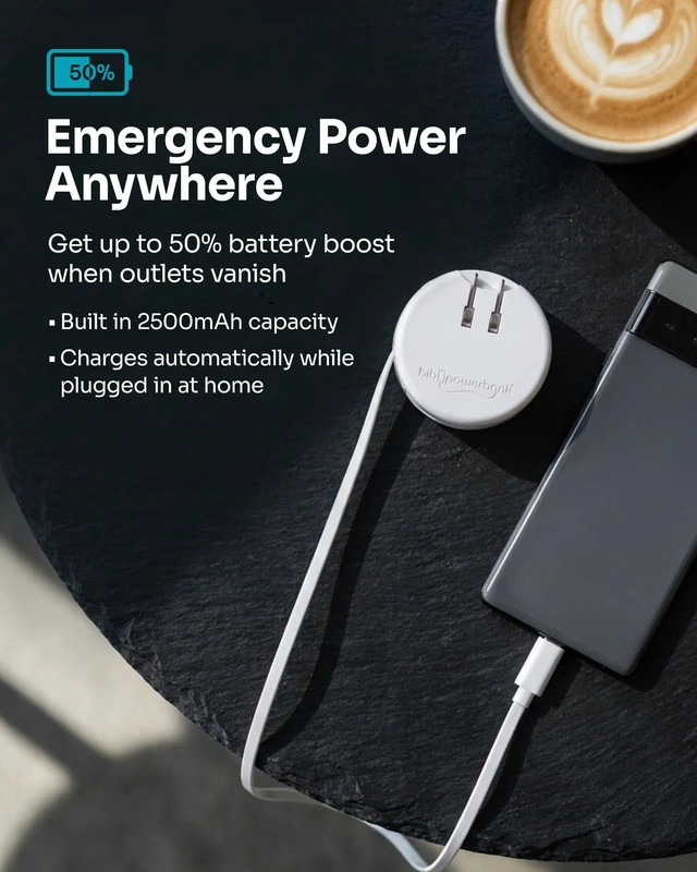 Alt view image 4 of 7 - BIBICORD 4-in-1 USB-C Wall Charger, Retractable Cable, 2500mAh Power Bank | Convenient Travel Charger With 3ft Retractable USB-C Cable, Backup Battery, Foldable Plug, Surge Protection & 100-240V Input